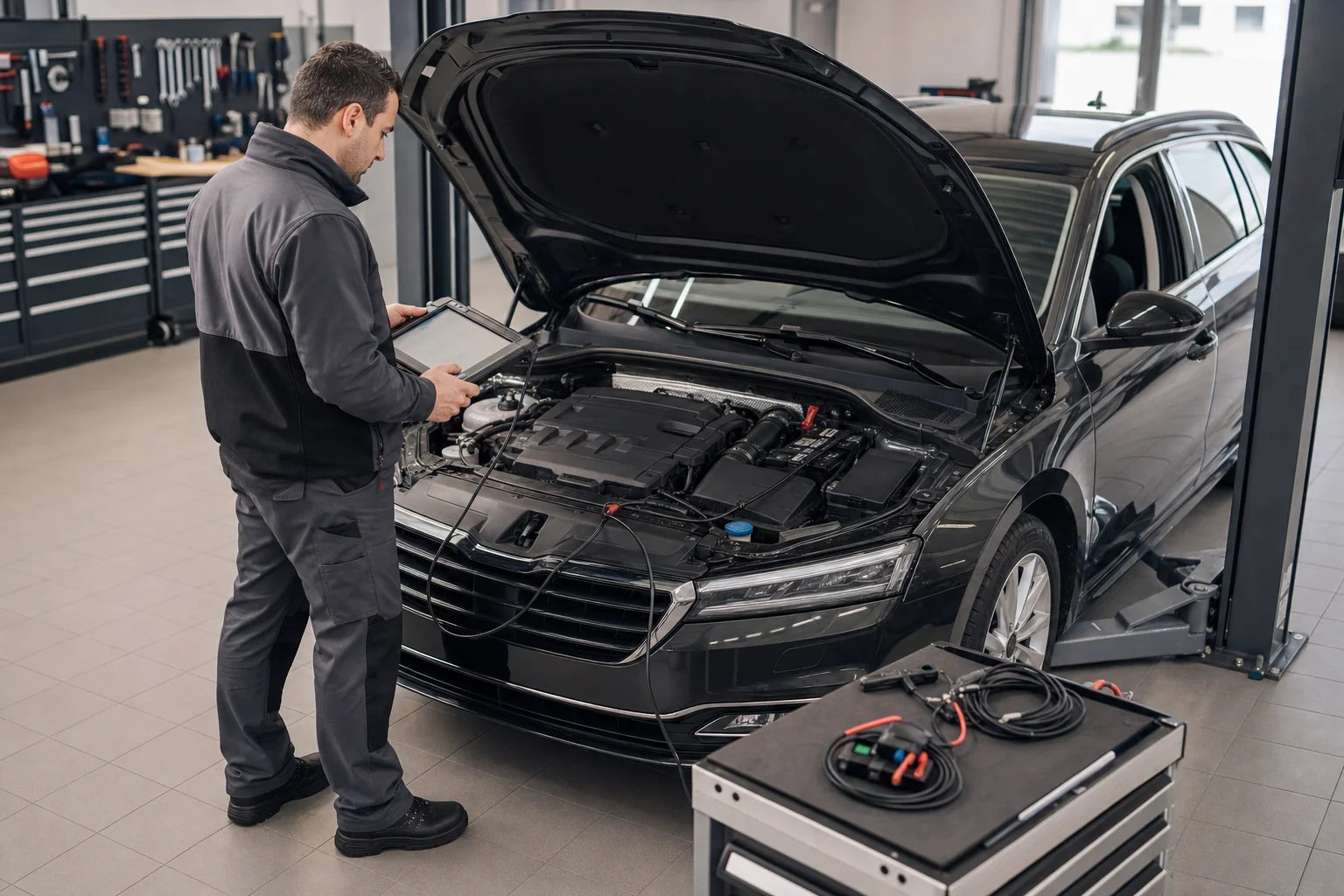 Techniker prüft den geöffneten Motorraum mit einem Diagnosegerät