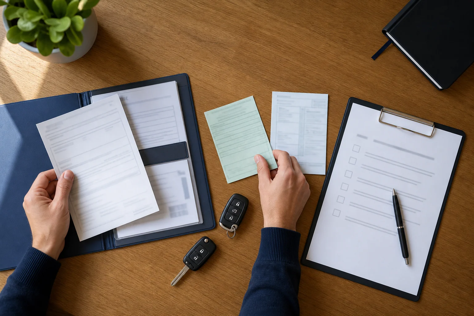 Fahrzeughalter ordnet Fahrzeugpapiere, Schlüssel und Checkliste auf einem Schreibtisch