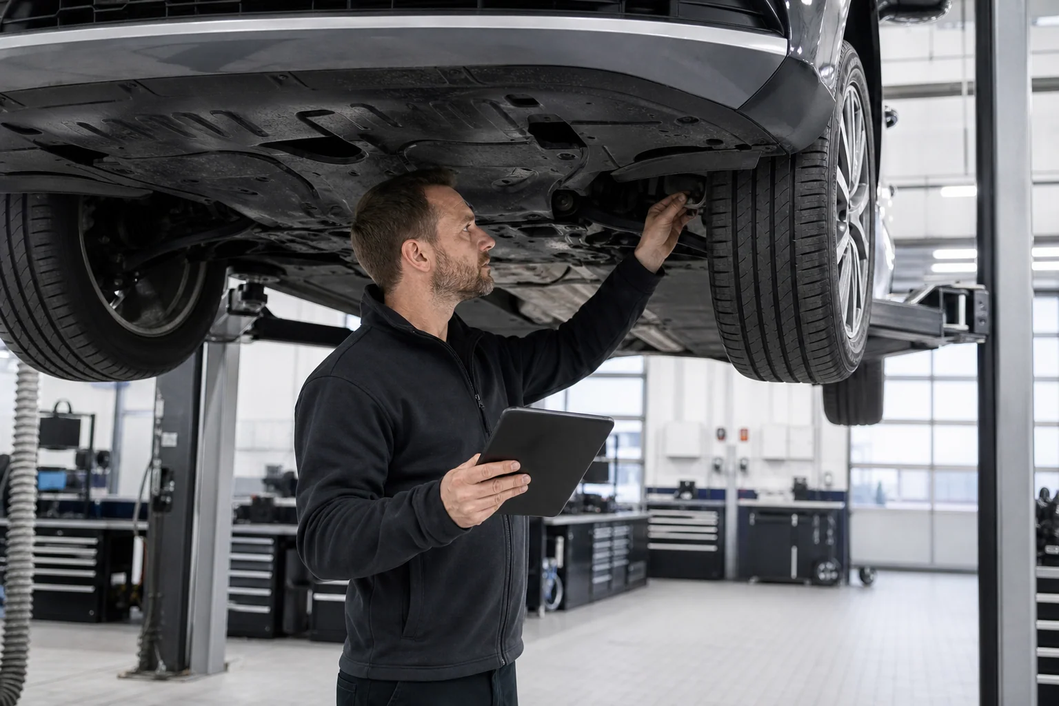 Techniker prüft Fahrwerk, Reifen und Unterboden eines Fahrzeugs auf der Hebebühne